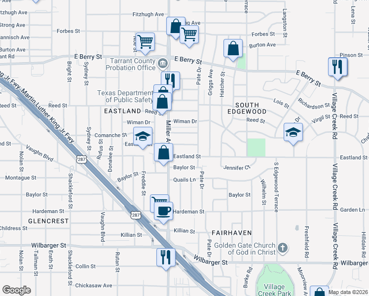 map of restaurants, bars, coffee shops, grocery stores, and more near 4224 Whitehall Street in Fort Worth