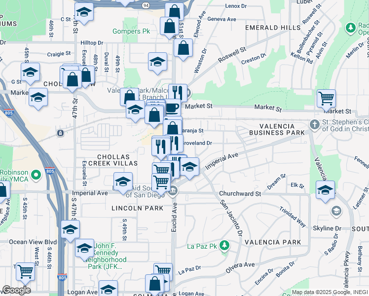 map of restaurants, bars, coffee shops, grocery stores, and more near 5137 Groveland Drive in San Diego