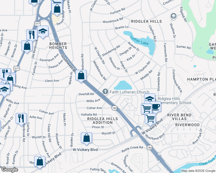 map of restaurants, bars, coffee shops, grocery stores, and more near 6924 Bal Lake Drive in Fort Worth