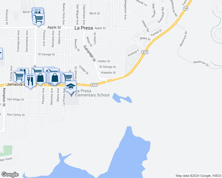 map of restaurants, bars, coffee shops, grocery stores, and more near 9805 San Diego Street in Spring Valley