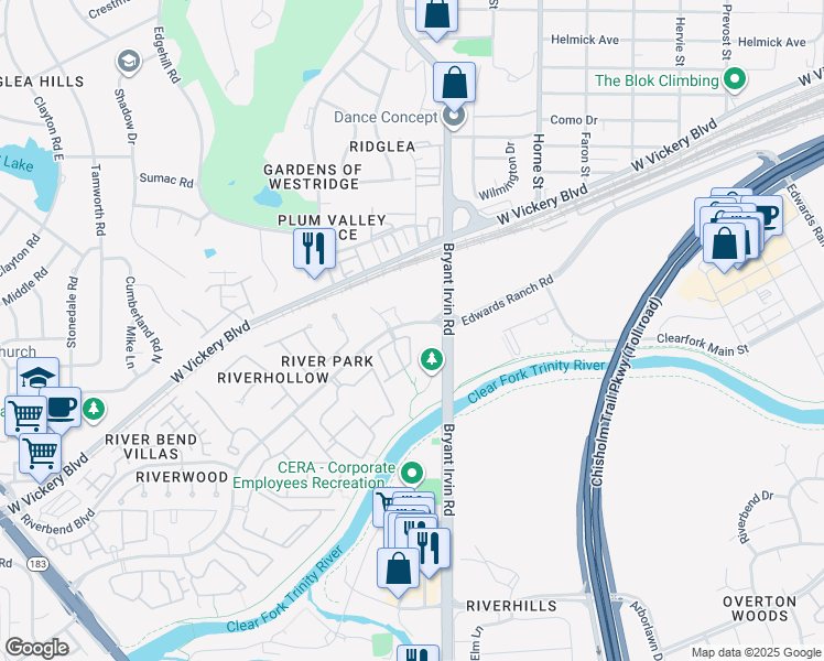 map of restaurants, bars, coffee shops, grocery stores, and more near 2500 Water Edge Lane in Fort Worth