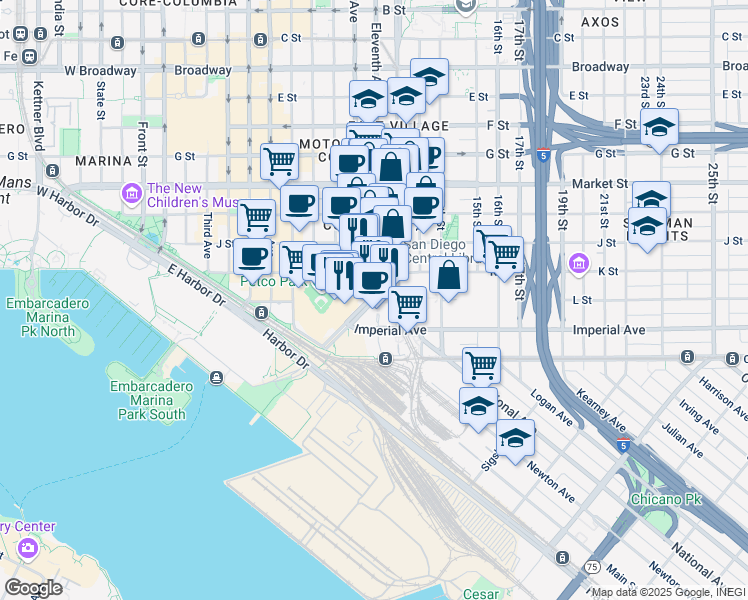 map of restaurants, bars, coffee shops, grocery stores, and more near Park Blvd & 10th Ave in San Diego
