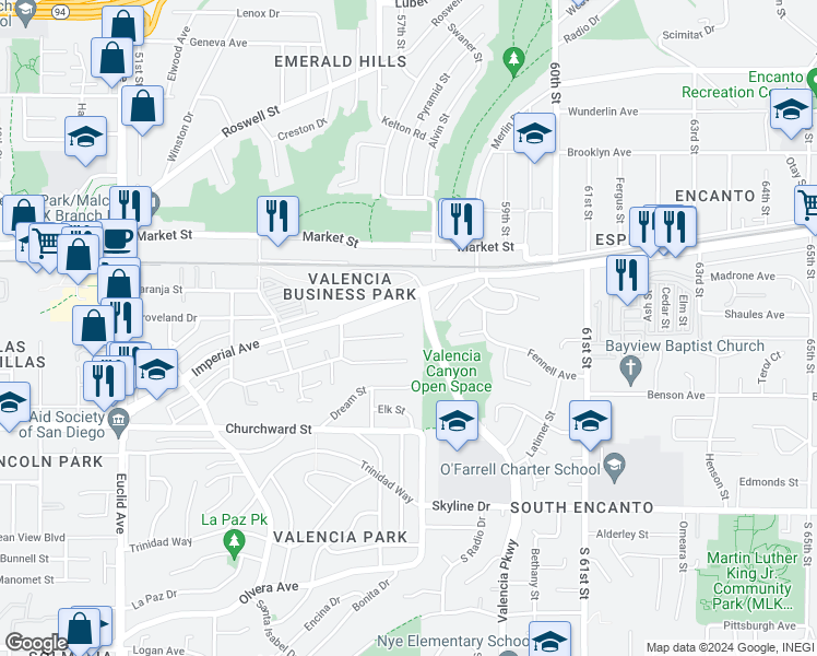 map of restaurants, bars, coffee shops, grocery stores, and more near 5656 Amanda Street in San Diego