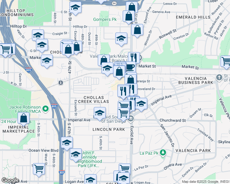 map of restaurants, bars, coffee shops, grocery stores, and more near 333 Willie James Jones Avenue in San Diego