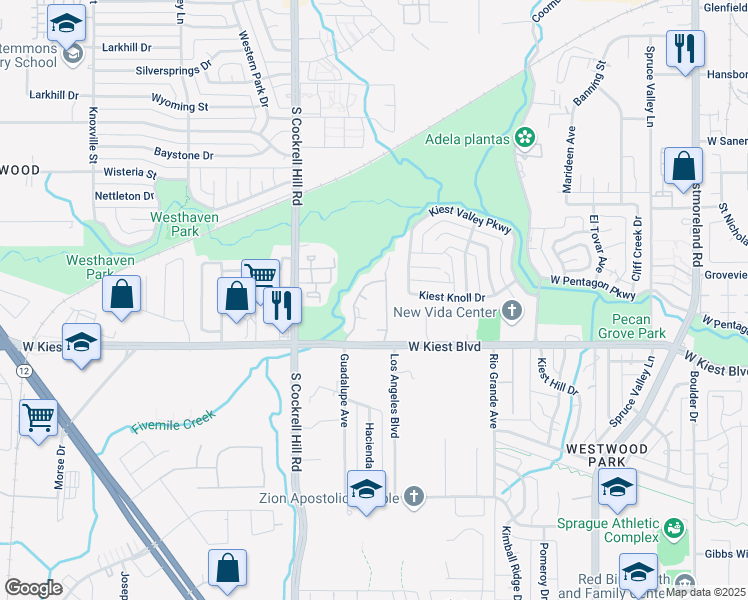 map of restaurants, bars, coffee shops, grocery stores, and more near 4123 Elice Court in Dallas