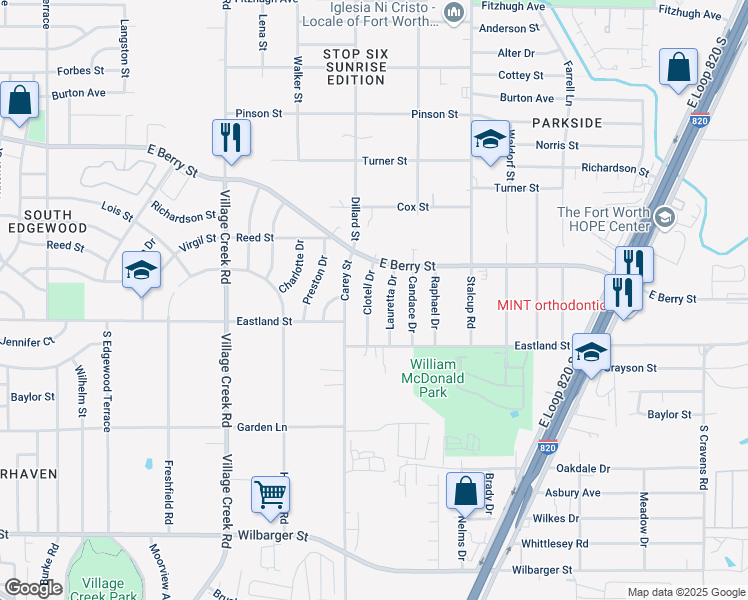 map of restaurants, bars, coffee shops, grocery stores, and more near 3729 Clotell Drive in Fort Worth