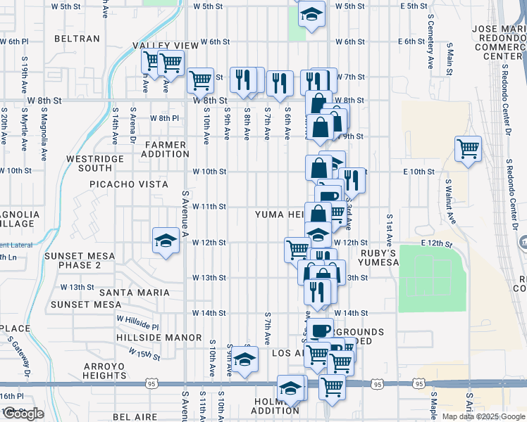 map of restaurants, bars, coffee shops, grocery stores, and more near 1104 South 7th Avenue in Yuma