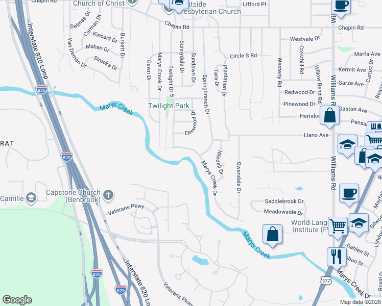 map of restaurants, bars, coffee shops, grocery stores, and more near 8605 Marys Creek Drive in Benbrook