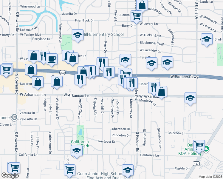 map of restaurants, bars, coffee shops, grocery stores, and more near 2215 Cornerstone Lane in Arlington
