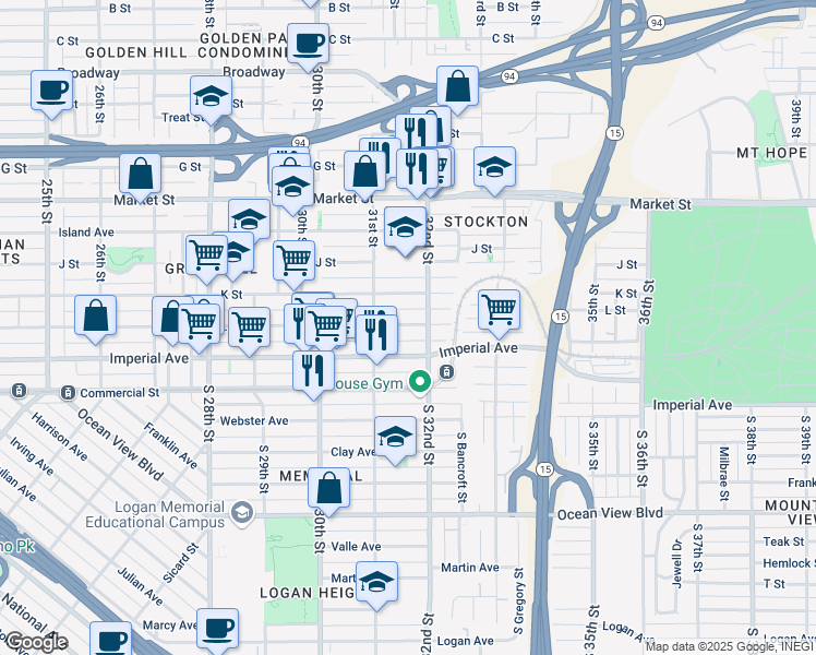 map of restaurants, bars, coffee shops, grocery stores, and more near 3149 L Street in San Diego