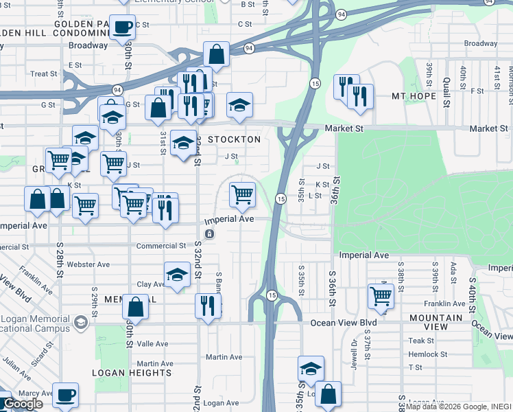 map of restaurants, bars, coffee shops, grocery stores, and more near 3343 L Street in San Diego