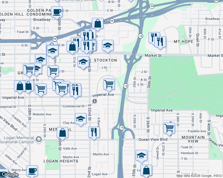 map of restaurants, bars, coffee shops, grocery stores, and more near 3343 L Street in San Diego