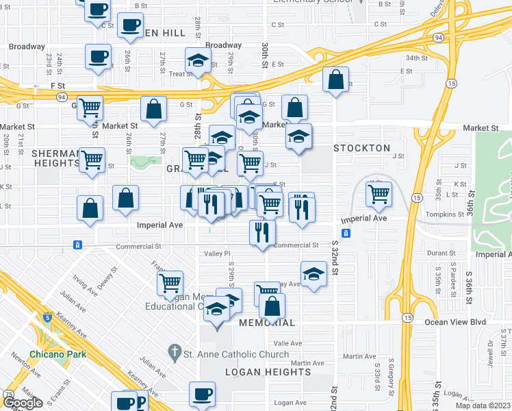 map of restaurants, bars, coffee shops, grocery stores, and more near 2956 L Street in San Diego