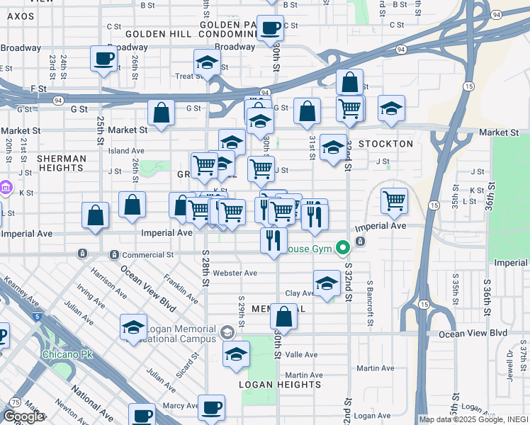 map of restaurants, bars, coffee shops, grocery stores, and more near 2956 L Street in San Diego