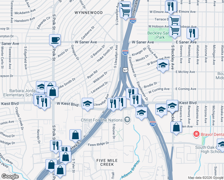 map of restaurants, bars, coffee shops, grocery stores, and more near 3114 South Llewellyn Avenue in Dallas