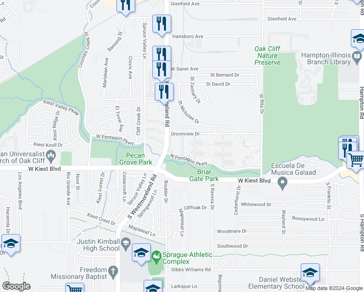 map of restaurants, bars, coffee shops, grocery stores, and more near 3223 West Pentagon Parkway in Dallas