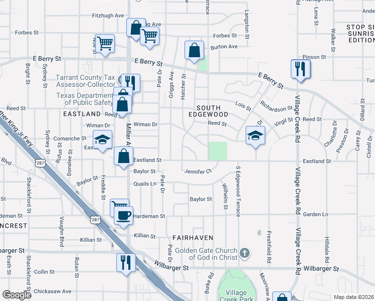 map of restaurants, bars, coffee shops, grocery stores, and more near 3728 South Hughes Avenue in Fort Worth
