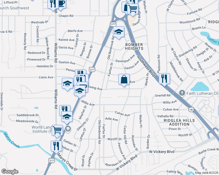map of restaurants, bars, coffee shops, grocery stores, and more near 7444 Ewing Avenue in Fort Worth