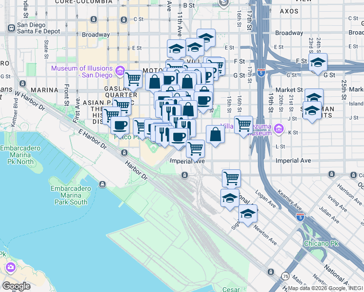 map of restaurants, bars, coffee shops, grocery stores, and more near 211 Park Boulevard in San Diego