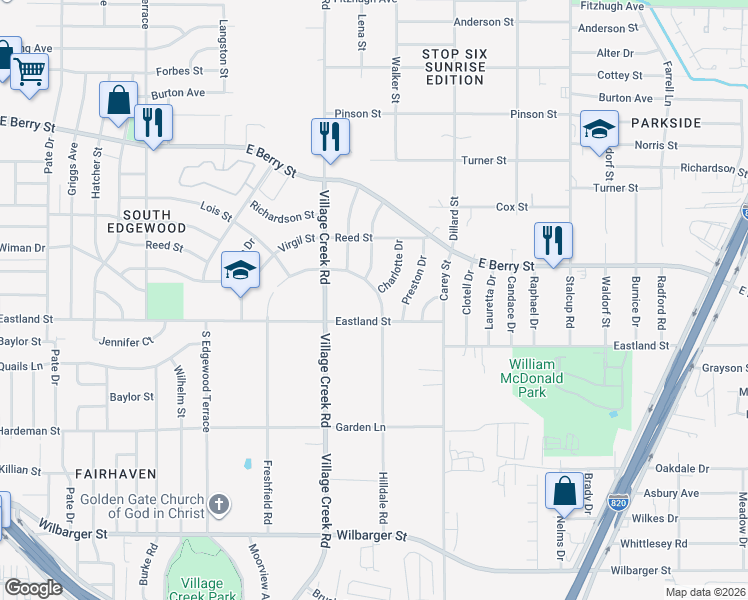 map of restaurants, bars, coffee shops, grocery stores, and more near 5112 Virgil Street in Fort Worth