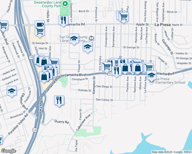 map of restaurants, bars, coffee shops, grocery stores, and more near 549 Kempton Street in Spring Valley