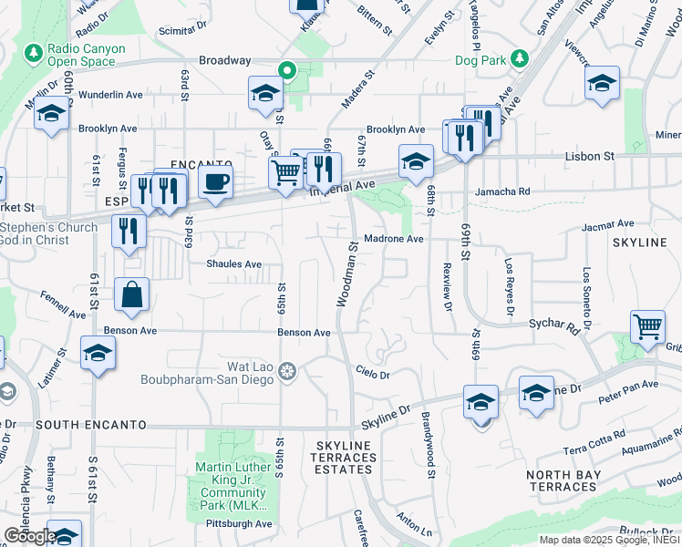 map of restaurants, bars, coffee shops, grocery stores, and more near 320 Woodman St in San Diego