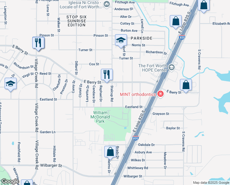map of restaurants, bars, coffee shops, grocery stores, and more near 3829 Stalcup Road in Fort Worth
