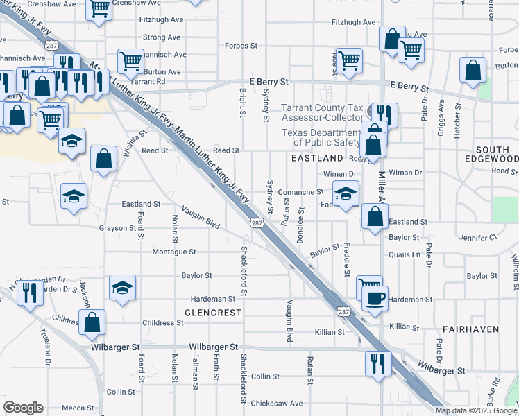 map of restaurants, bars, coffee shops, grocery stores, and more near 3651 Martin Luther King Junior Freeway in Fort Worth