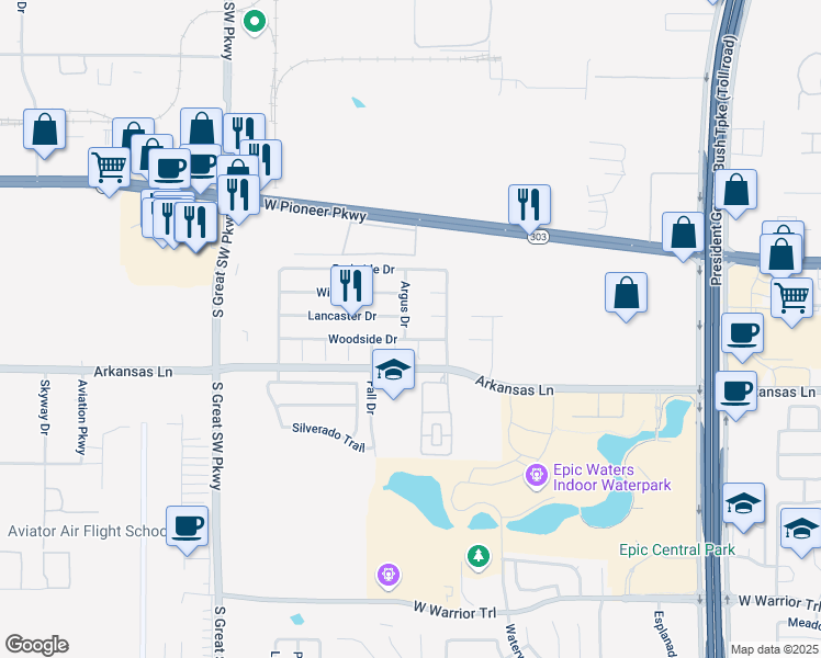 map of restaurants, bars, coffee shops, grocery stores, and more near 2641 Argus Drive in Grand Prairie