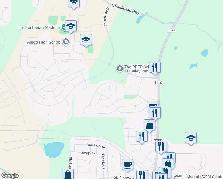 map of restaurants, bars, coffee shops, grocery stores, and more near 200 Creekview Terrace in Aledo