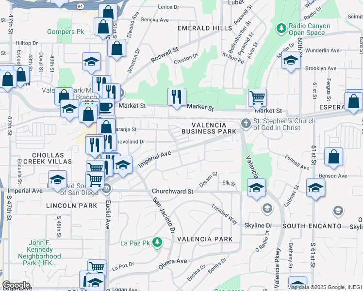 map of restaurants, bars, coffee shops, grocery stores, and more near 5418 Imperial Avenue in San Diego