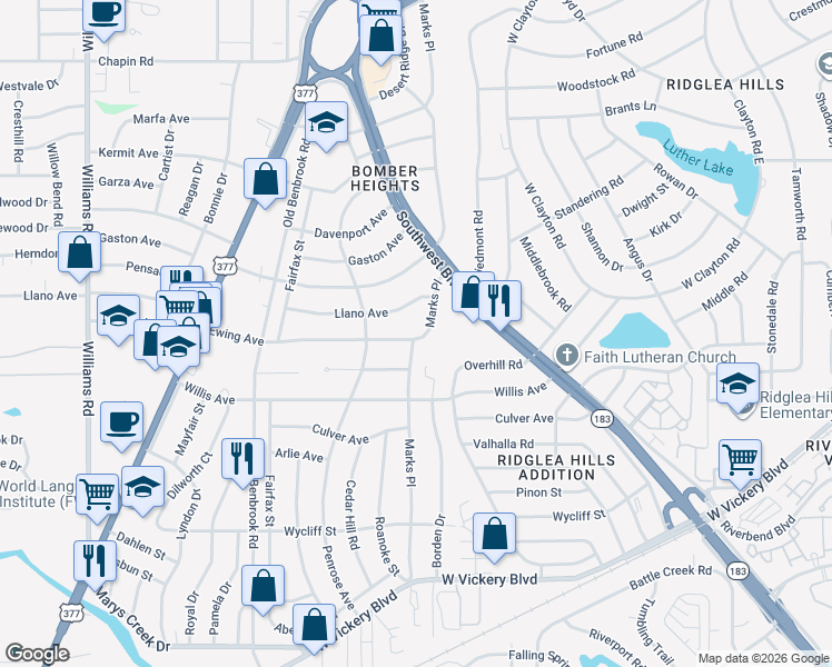 map of restaurants, bars, coffee shops, grocery stores, and more near 4432 Marks Place in Fort Worth