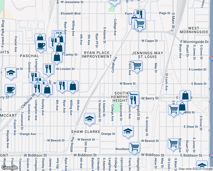 map of restaurants, bars, coffee shops, grocery stores, and more near 3005 South Adams Street in Fort Worth