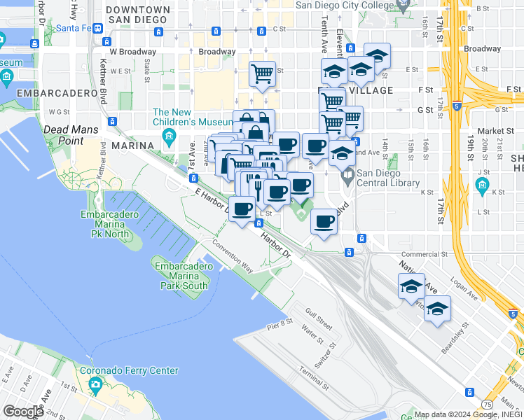 map of restaurants, bars, coffee shops, grocery stores, and more near 201 Fifth Avenue in San Diego