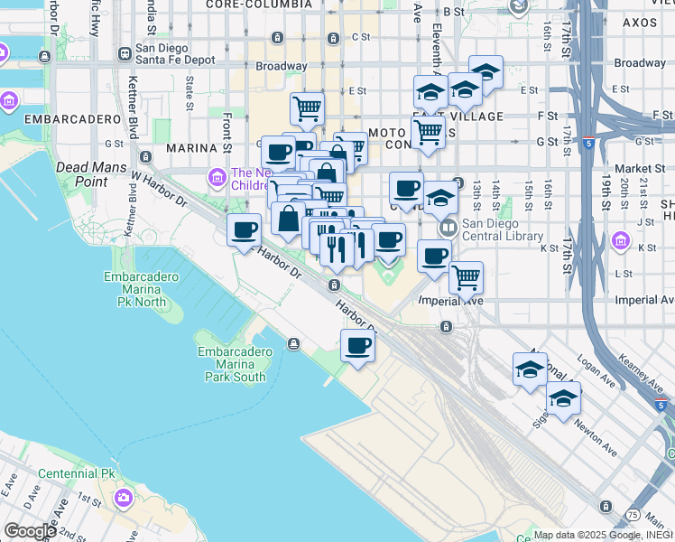 map of restaurants, bars, coffee shops, grocery stores, and more near 207 Fifth Avenue in San Diego