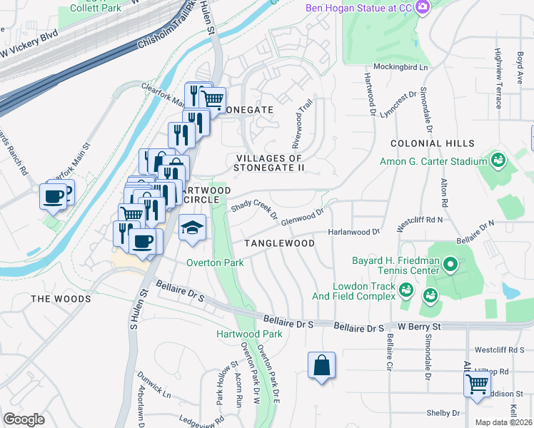 map of restaurants, bars, coffee shops, grocery stores, and more near 4109 Shady Creek Drive in Fort Worth