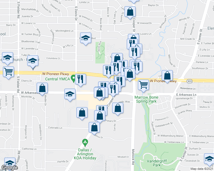 map of restaurants, bars, coffee shops, grocery stores, and more near 2212 Southgate St in Arlington