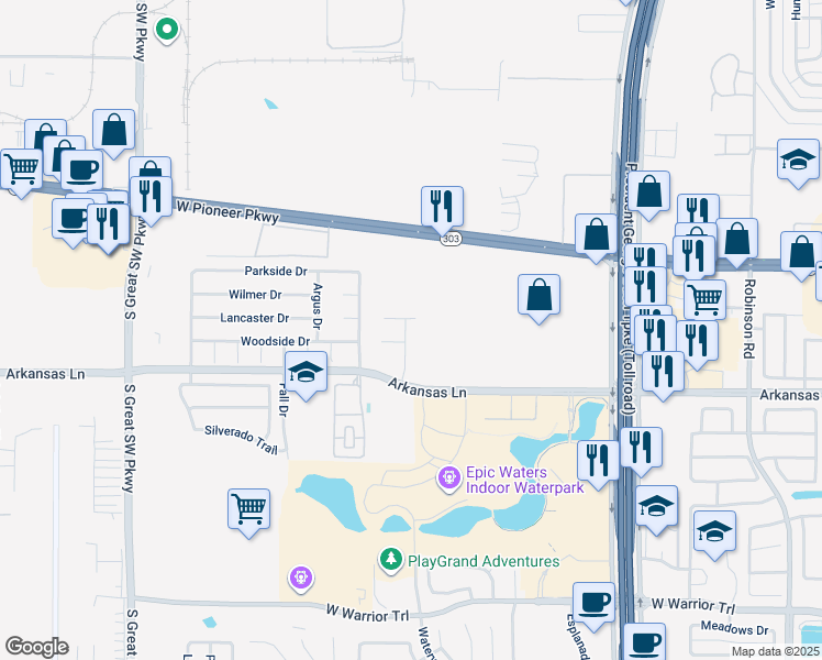 map of restaurants, bars, coffee shops, grocery stores, and more near 2113 Ellis Court in Grand Prairie