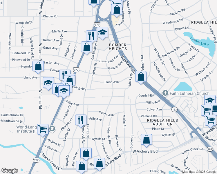 map of restaurants, bars, coffee shops, grocery stores, and more near 7416 Ewing Avenue in Fort Worth