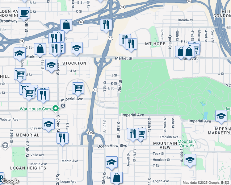 map of restaurants, bars, coffee shops, grocery stores, and more near 230 36th Street in San Diego