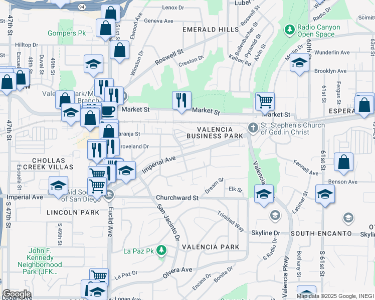 map of restaurants, bars, coffee shops, grocery stores, and more near 5418 Imperial Avenue in San Diego