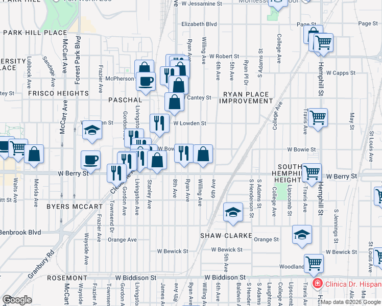 map of restaurants, bars, coffee shops, grocery stores, and more near 3005 Ryan Avenue in Fort Worth