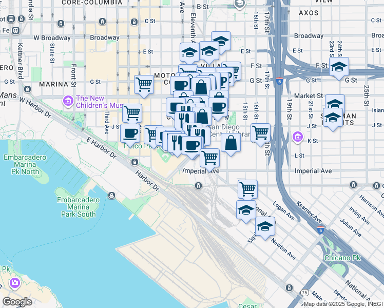 map of restaurants, bars, coffee shops, grocery stores, and more near 211 Park Boulevard in San Diego