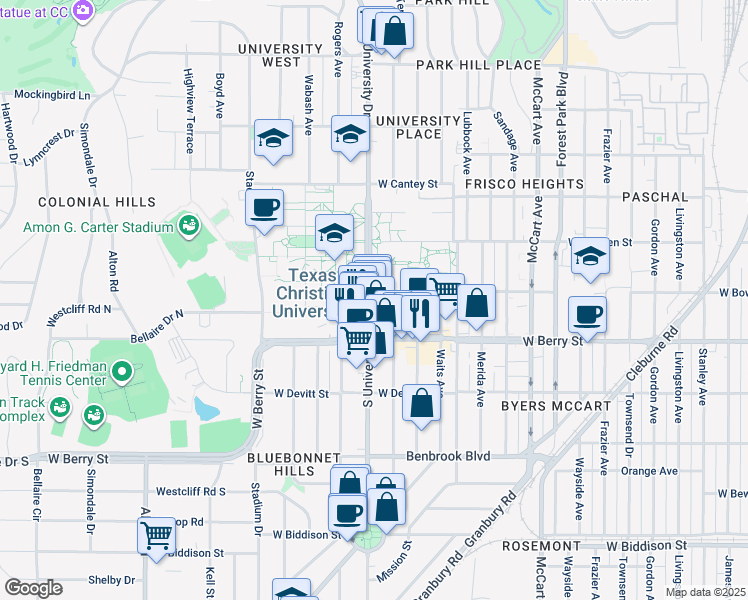 map of restaurants, bars, coffee shops, grocery stores, and more near 3024 South University Drive in Fort Worth