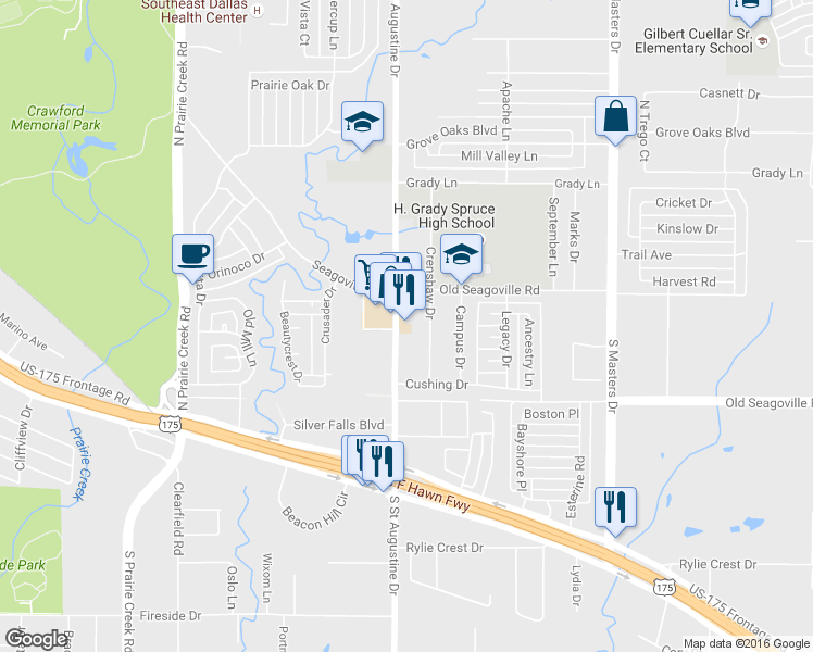 map of restaurants, bars, coffee shops, grocery stores, and more near 332 South Saint Augustine Road in Dallas