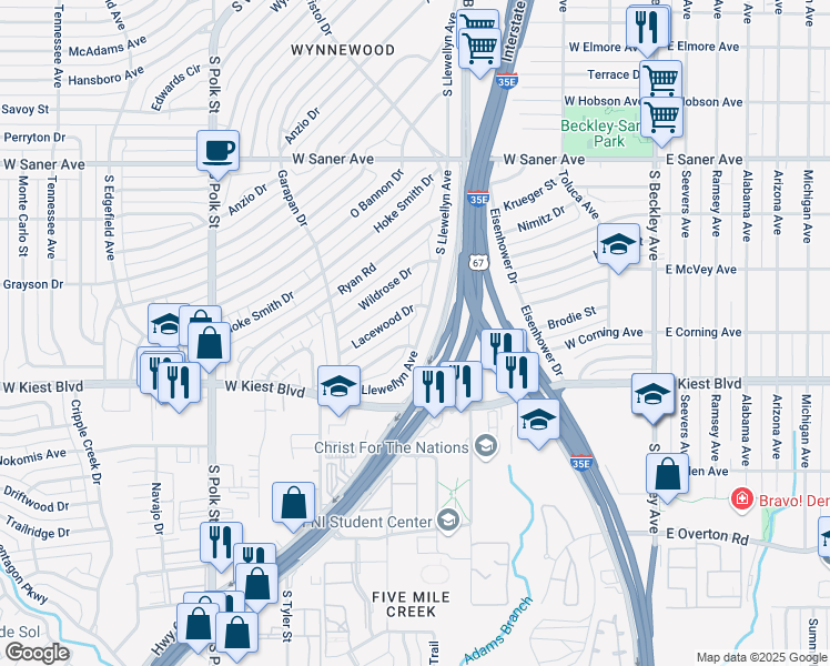 map of restaurants, bars, coffee shops, grocery stores, and more near 3127 South Llewellyn Avenue in Dallas