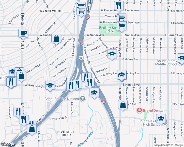 map of restaurants, bars, coffee shops, grocery stores, and more near 3047 Eisenhower Dr in Dallas