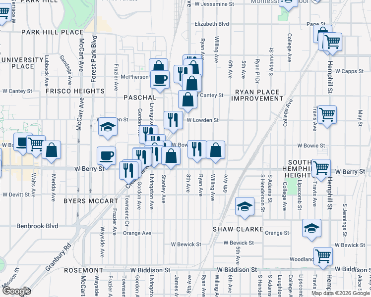 map of restaurants, bars, coffee shops, grocery stores, and more near 3004 8th Avenue in Fort Worth