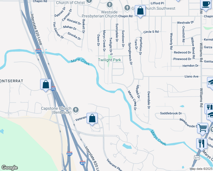 map of restaurants, bars, coffee shops, grocery stores, and more near 4420 Marys Creek Drive in Benbrook