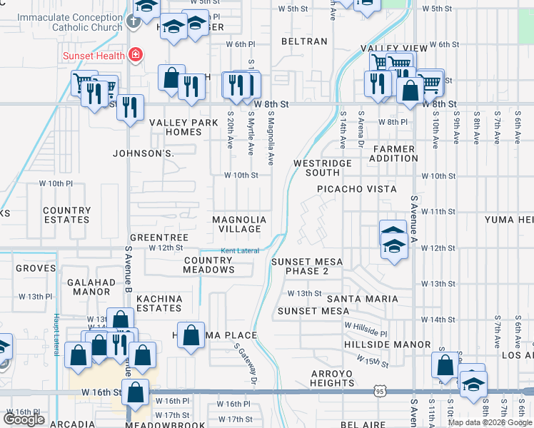 map of restaurants, bars, coffee shops, grocery stores, and more near 1100-1198 S Magnolia Ave in Yuma